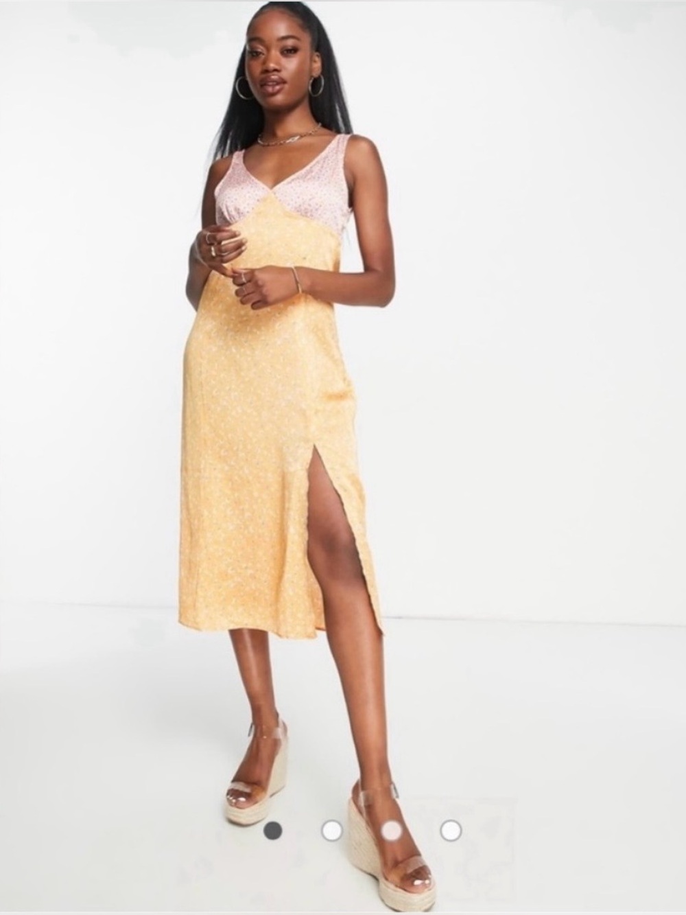 Stradivarius V-neck satin midi dress in mix match print size extra small